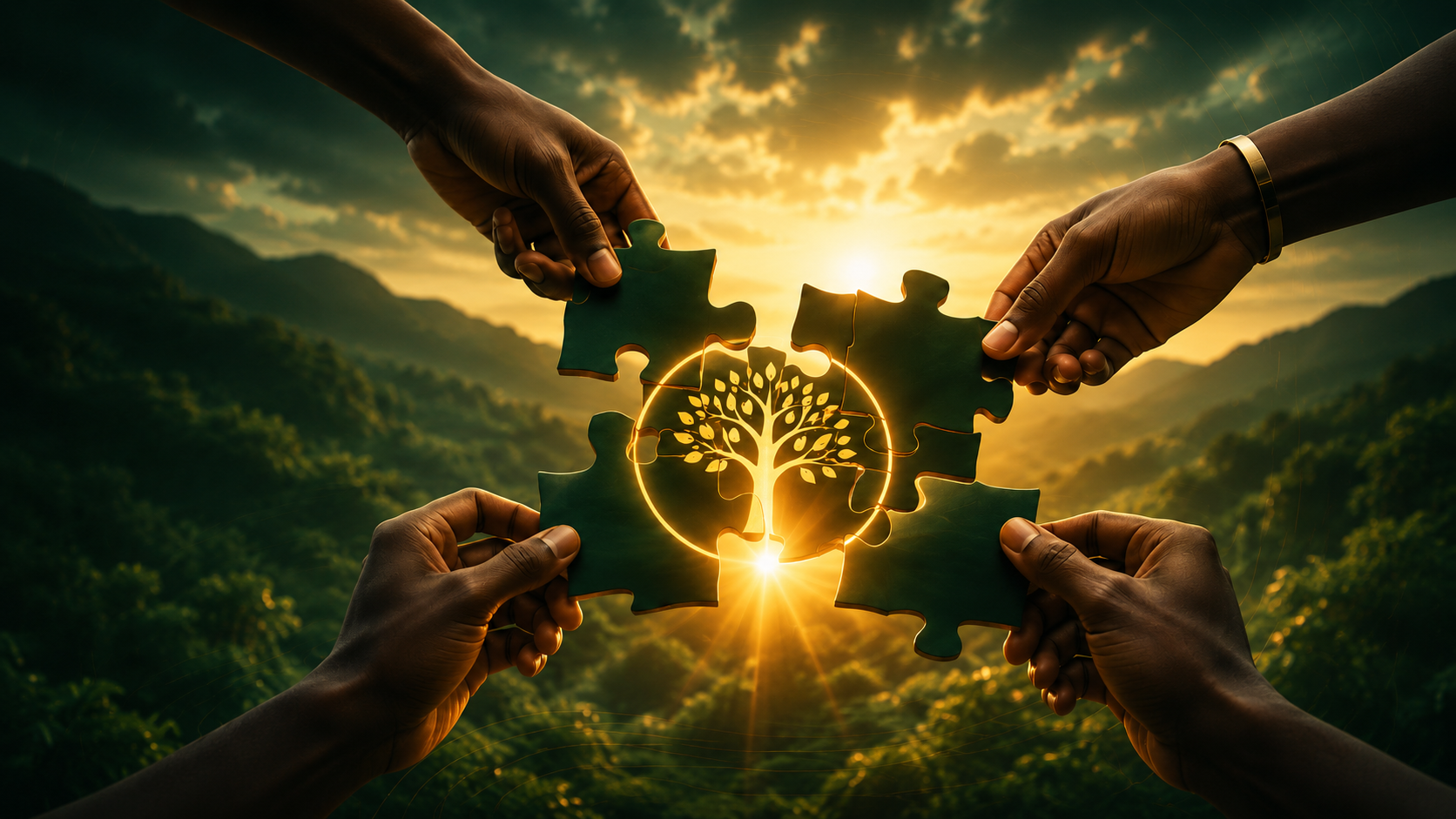 Quatre mains assemblant les pièces d'un puzzle avec un arbre lumineux au centre, symbole de l'union et de la croissance KoleDwet
